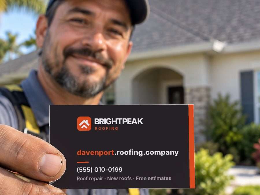davenport.roofing.company on a roofer's business card