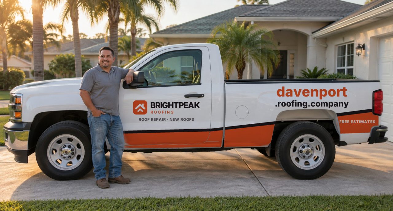 davenport.roofing.company painted on the side of a white work truck