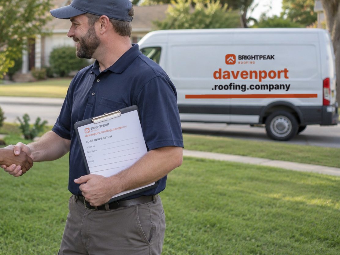 davenport.roofing.company on a roofing van and an inspection form
